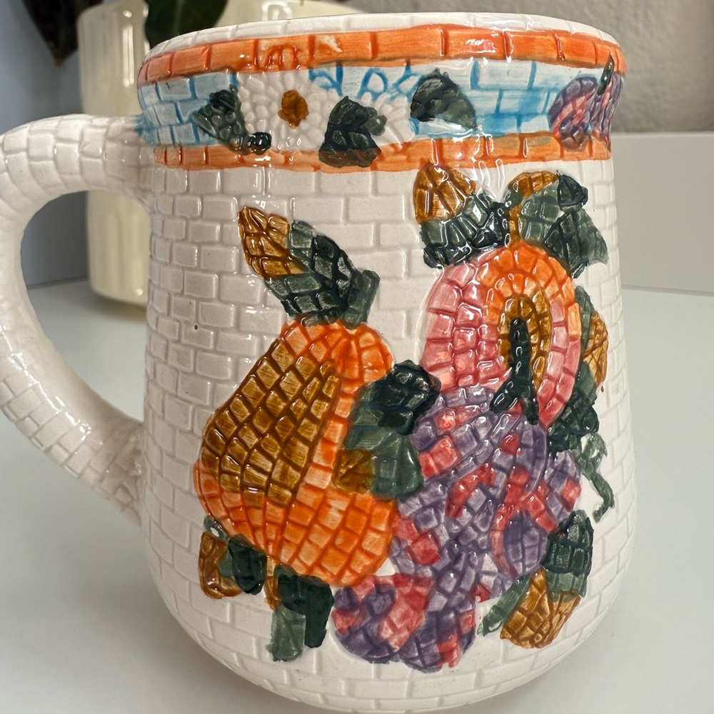 Vintage Floral Mosaic Cream Mug with Orange, Blue, Pink and Green Accents - Picture 8 of 11